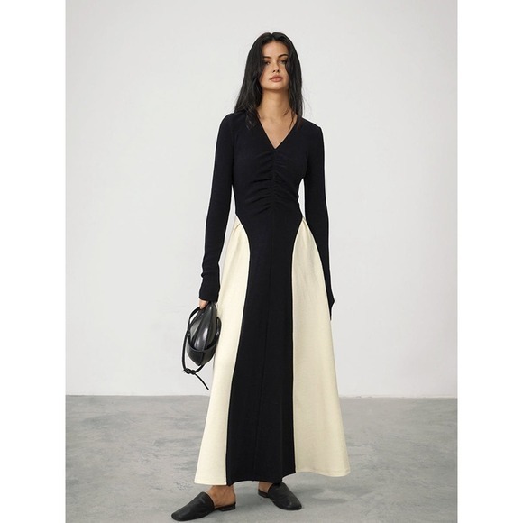 Commense Long Sleeve Maxi Dress Color Block V Neck Casual Elegant - Size XS - Picture 4 of 12